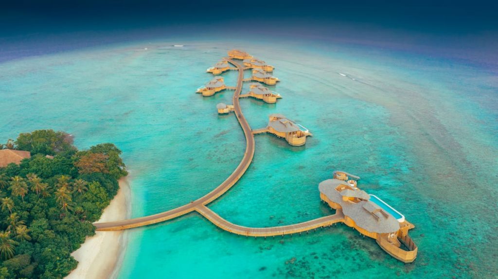 maldives resort price - aerial view of Soneva Fushi